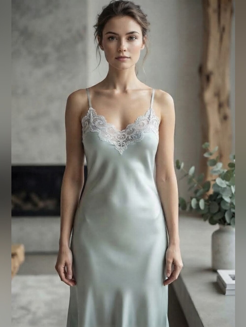 Vtg 90s Andres 100% Silk Slip Dress Pale Blue Lace Bias Cut Maxi M Ethereal